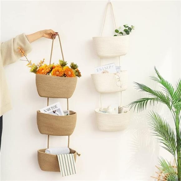 Over the Door Hanging Basket, 3-Tier Woven Cotton Wall-Mounted Storage Organizer - Picture 2 of 7